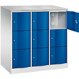 C+P Schließfachschrank Resisto, 3 Abteile, 9 Fächer, B 1148 x T 640 x H 1255 mm, Lichtgrau/Enzianblau