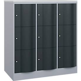C+P Schließfachschrank Resisto, 3 Abteile, 9 Fächer, B 1148 x T 640 x H 1255 mm, Weißalu/Anthrazitgrau