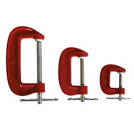 C-Schraubzwingen Set, 3 Stück, mit T-Handgriffen, jeweils 1 x Backenöffnung mit 24 mm, 45 mm & 7,2 mm, rot