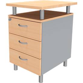 Caisson fixe ARLON OFFICE, avec plateau de table, 3 tiroirs, l. 450 x P 600 x H 730 mm, verrouillable, hêtre