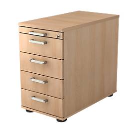 Caisson fixe TARVIS, 1 tiroir-plumier, verrouillable, 4 tiroirs, l. 428 x P 800 x H 720-760 mm, coloris chêne
