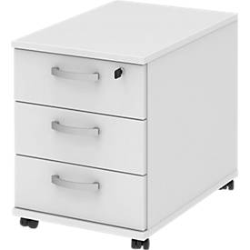 Caisson mobile BARI, tiroir-plumier, 3 tiroirs, verrouillable, l. 427 x P 600 x H 544 mm, blanc/blanc/alu
