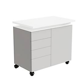 Caisson mobile d'extension SOLUS PLAY, 4 tiroirs, 1 porte battante, l. 800 x P 500 x H 720 - 1080 mm, blanc