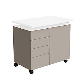 Caisson mobile d'extension SOLUS PLAY, 4 tiroirs, 1 porte battante, l. 800 x P 500 x H 720 - 1080 mm, gris pierre