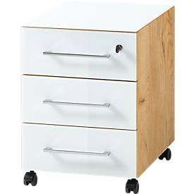 Caisson mobile MONTERIA, 3 tiroirs avec mécanisme de fermeture automatique, façade et support en verre, L 400 x P 500 x H 550 mm, chêne de Navarre/blanc