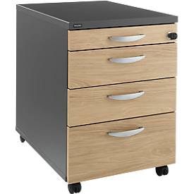 Caisson mobile NEVADA - l. 430 x P 600 x H 600 mm - 3 tiroirs + 1 tiroir plumier - gris foncé et décor chêne