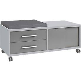 Caisson mobile Player, avec coussin, 2 tiroirs, 1 porte coulissante, gris platine/verre gris