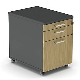 Caisson roulant BEXXSTAR, 1 tirette-plumier verrouillable, 1 tiroir &amp; 1 tiroir HR, L 430 x P 600 x H 600 mm, gris foncé/décor chêne