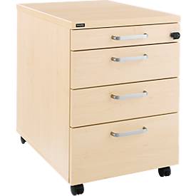 Caisson roulant BEXXSTAR, 1 tirette-plumier verrouillable &amp; 3 tiroirs, L 430 x P 600 x H 600 mm, décor érable