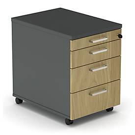 Caisson roulant BEXXSTAR, 1 tirette-plumier verrouillable &amp; 3 tiroirs, L 430 x P 600 x H 600 mm, gris foncé/décor chêne