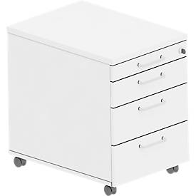 Caisson roulant BEXXSTAR, 1 tirette-plumier verrouillable &amp; 3 tiroirs, L 430 x P 800 x H 600 mm, blanc
