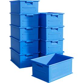 Caja apilable SSI Schäfer serie 14/6-2, volumen 21 l, hasta 30 kg, asa empotrada y portaetiquetas, polipropileno, azul, 10 unidades.
