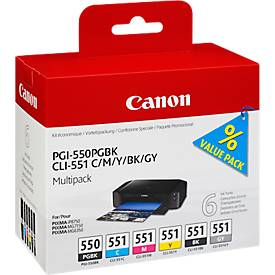 Canon Sparpaket 6 Tintenpatronen PGI-550 PGBK/CLI-551 schwarz, schwarz-pigmentiert, CMY, original