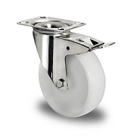 CASCOO Edelstahl-Lenkrolle N0N0, mit Totalfeststeller, Rad-ø 100 mm x B 36 mm, Polyamid-Felge, Polyamid-Lauffläche, natur/weiß, Edelstahl-Gleitlager, bis 150 kg