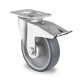 CASCOO Lenkrolle P2V2, mit Totalfeststeller, Rad-ø 125 mm x B 32 mm, Polypropylen-Felge, Elastomer-Lauffläche, grau, Rollenlager, bis 135 kg