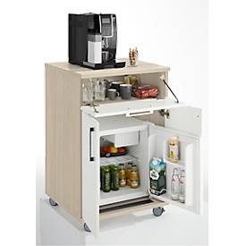 Catering-Caddy, mit Kühlschrankfach und Klappfach, B 650 x T 600 x H 1000 mm, mit Kühlbox, Eiche/weiß