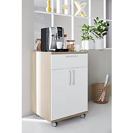 Catering-Caddy, mit Kühlschrankfach und Klappfach, B 650 x T 600 x H 1000 mm, ohne Kühlbox, Eiche-Dekor/weiß