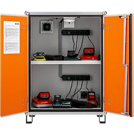 CEMO Akku-Ladeschrank Basic 8/10, 1-phasig, 2 x 6-fach Steckdosenleisten, belüftet, 2 Rauchmelder, mit Standfüßen, B 800 x T 660 x H 1110 mm, lichtgrau/reinorange
