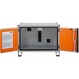 CEMO Akku-Ladeschrank Basic 8/5, 1-phasig, 230 V, 6-fach Steckdosenleiste, belüftet, 2 Rauchmelder, mit Stapelfüßen, B 800 x T 660 x H 620 mm, lichtgrau/reinorange