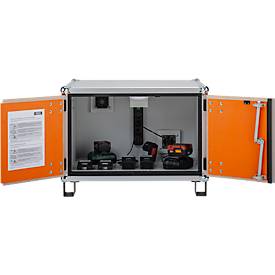 CEMO Akku-Ladeschrank Basic 8/5, 1-phasig, 230 V, 6-fach Steckdosenleiste, belüftet, 2 Rauchmelder, mit Stapelfüßen, B 800 x T 660 x H 620 mm, lichtgrau/reinorange