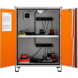 CEMO Akku-Ladeschrank Premium 8/10, 1-phasig, 230 V, LockEX Türverriegelung, strombetriebener Rauchmelder, akustischer Alarm, belüftet, mit Stapelfüßen, B 890 x T 660 x H 1110 mm, lichtgrau/reinorange