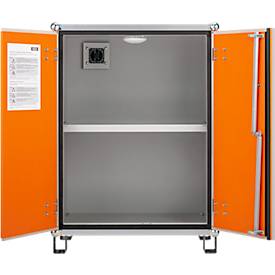 CEMO Akku-Lagerschrank 8/10, Flügeltür, LockEX Türverriegelung, feuerbeständig, auf Füßen, B 800 x T 660 x H 1110 mm, lichtgrau/reinorange