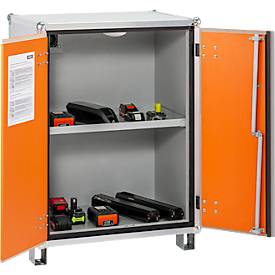 CEMO Akku-Lagerschrank 8/10, Flügeltür, LockEX Türverriegelung, feuerbeständig, auf Füßen, B 800 x T 660 x H 1110 mm, lichtgrau/reinorange