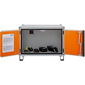 CEMO Akku-Lagerschrank 8/5 Basic, Flügeltür, LockEX Türverriegelung, feuerbeständig, mit Stapelfüßen, B 800 x T 660 x H 620 mm, lichtgrau/reinorange
