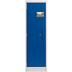 Cemo veiligheidskast type 90 PROline 6/20, zelfsluitende deuren, links scharnierend, B 635 x D 600 x H 1950 mm, 33 liter, grijs/gentiaanblauw