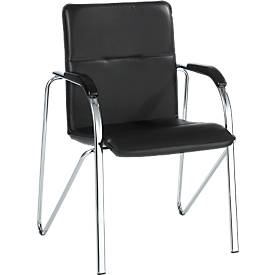 Chaise visiteur Samba de Nowy Styl, empilable, piètement à 4 pieds, simili-cuir, avec accoudoirs, noire