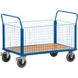 Chariot de transport à 4 parois grillagées - L 1000 x l. 670 mm - capacité de charge de 600 kg - bleu gentiane RAL 5010