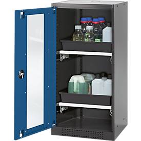 Chemikalienschrank Asecos CS-CLASSIC-G, Flügeltür und Glasausschnitt, 2 Auszüge, H 1105 mm, enzianblau