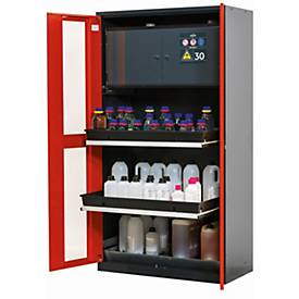 Chemikalienschrank asecos CS-CLASSIC-GF, Flügeltüren mit Glasausschnitt, Front Verkehrsrot, B 1055 x T 520 x H 1950 mm