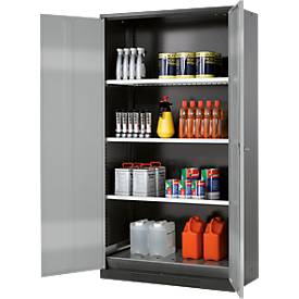 Chemikalienschrank asecos, Flügeltür, 3 Böden, 1055x520x1950 mm, silber