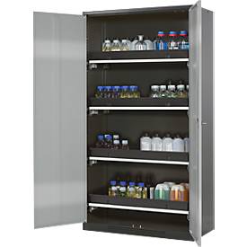 Chemikalienschrank, Flügeltür, 4 Auszugswannen, 1055x520x1950 mm, silber