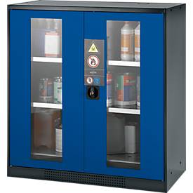 Chemikalienschrank, Flügeltür m. Glasauschnitt, 2 Böden, 1055x520x1105 mm, enzianblau