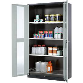 Chemikalienschrank, Flügeltür m. Glasauschnitt, 3 Böden, 1055x520x1950 mm, lichtgrau