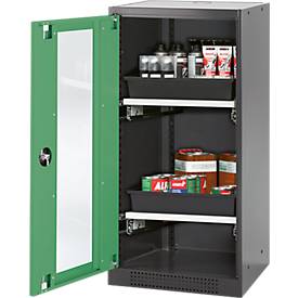 Chemikalienschrank, Flügeltür und Glasausschnitt, 2 Auszüge, H 1105 mm, resedagrün
