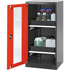 Chemikalienschrank, Flügeltür und Glasausschnitt, 2 Auszüge, H 1105 mm, verkehrsrot