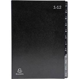 Classeur de bureau Exacompta 57012E, format A4, 12 compartiments, onglets 1-12/Jan-Dec, L 250 x H 330 mm, Ange Bleu, carton recyclé, noir
