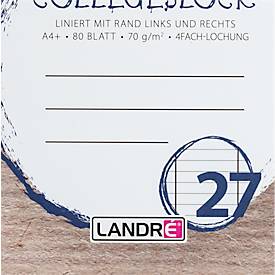 Collegeblock LANDRÉ Recycling, 80 Blatt, DIN A4+, 70 g/m², 4-fach gelocht, Spiralbindung, OPTIK PAPER®, Lineatur 27, blau