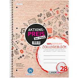 Collegeblock LANDRÉ Recycling, A4+ Format, 3 Stück, 80 Blatt je Block, kariert, rot