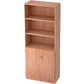 Combi-boekenkast, 5 OH, 3 open vakken + 2 afsluitbare deuren, B 800 x D 420 x 2004 mm, notenhoutdecor
