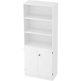 Combi-boekenkast, 5 OH, 3 open vakken + 2 afsluitbare deuren, B 800 x D 420 x 2004 mm, wit/wit