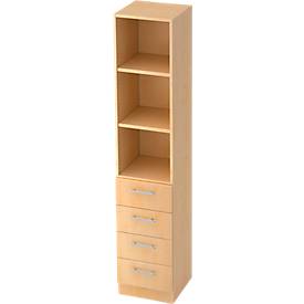 Combi-boekenkast, 5 OH, 3 open vakken + 4 laden, B 406 x D 420 x H 2004 mm, ahorndecor