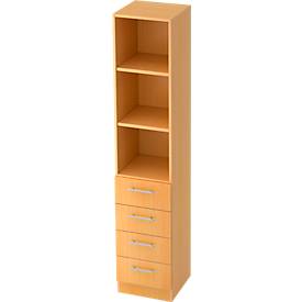 Combi-boekenkast, 5 OH, 3 open vakken + 4 laden, B 406 x D 420 x H 2004 mm, beukendecor