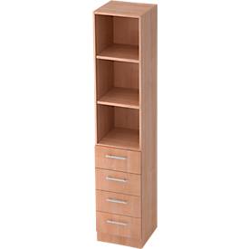 Combi-boekenkast, 5 OH, 3 open vakken + 4 laden, B 406 x D 420 x H 2004 mm, notendecor