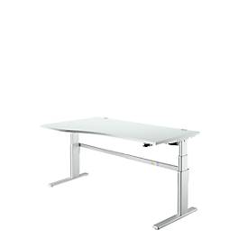 Comfortabel bureau, elektrisch in hoogte verstelbaar, vrije vorm, bevestiging links, C-poot, B 1800 x D 1000/800 x H 655-1305 mm, aluminium lichtgrijs/wit