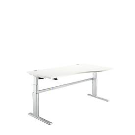 Comfortabel bureau, elektrisch in hoogte verstelbaar, vrije vorm, bevestiging rechts, C-voet, B 1800 x D 1000/800 x H 655-1305 mm, wit/blank aluminium