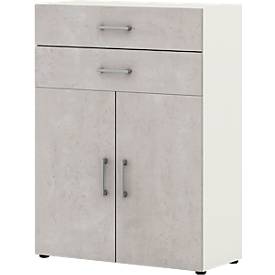 Commode de bureau TEMPIO, en bois, 2 portes, 2 tiroirs, 3 OH, L 800 x P 340 x H 1070 mm, blanc/béton